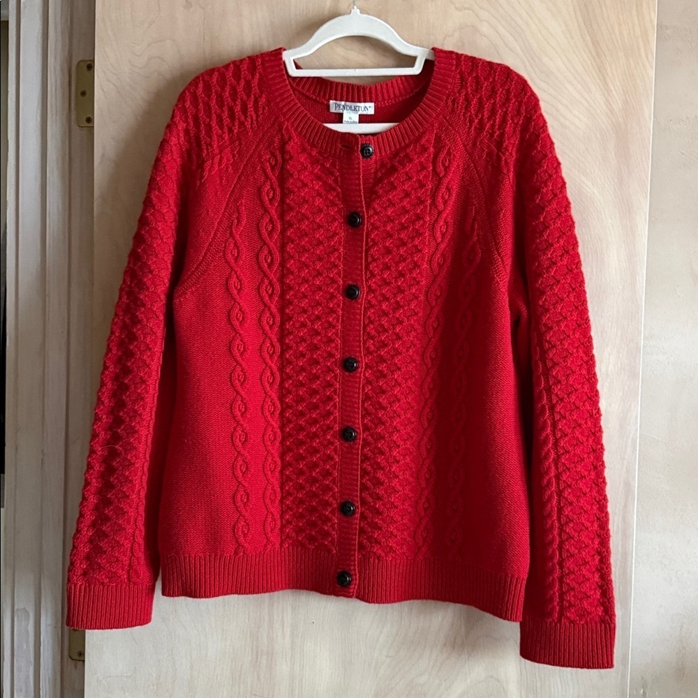 Pendleton Cardigan Red Cable Knit Sweater 80% Lambswool Button Front Women’s XL
